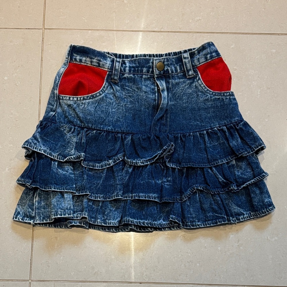 Vintage Denim Ruffle Skirt with Red Accents